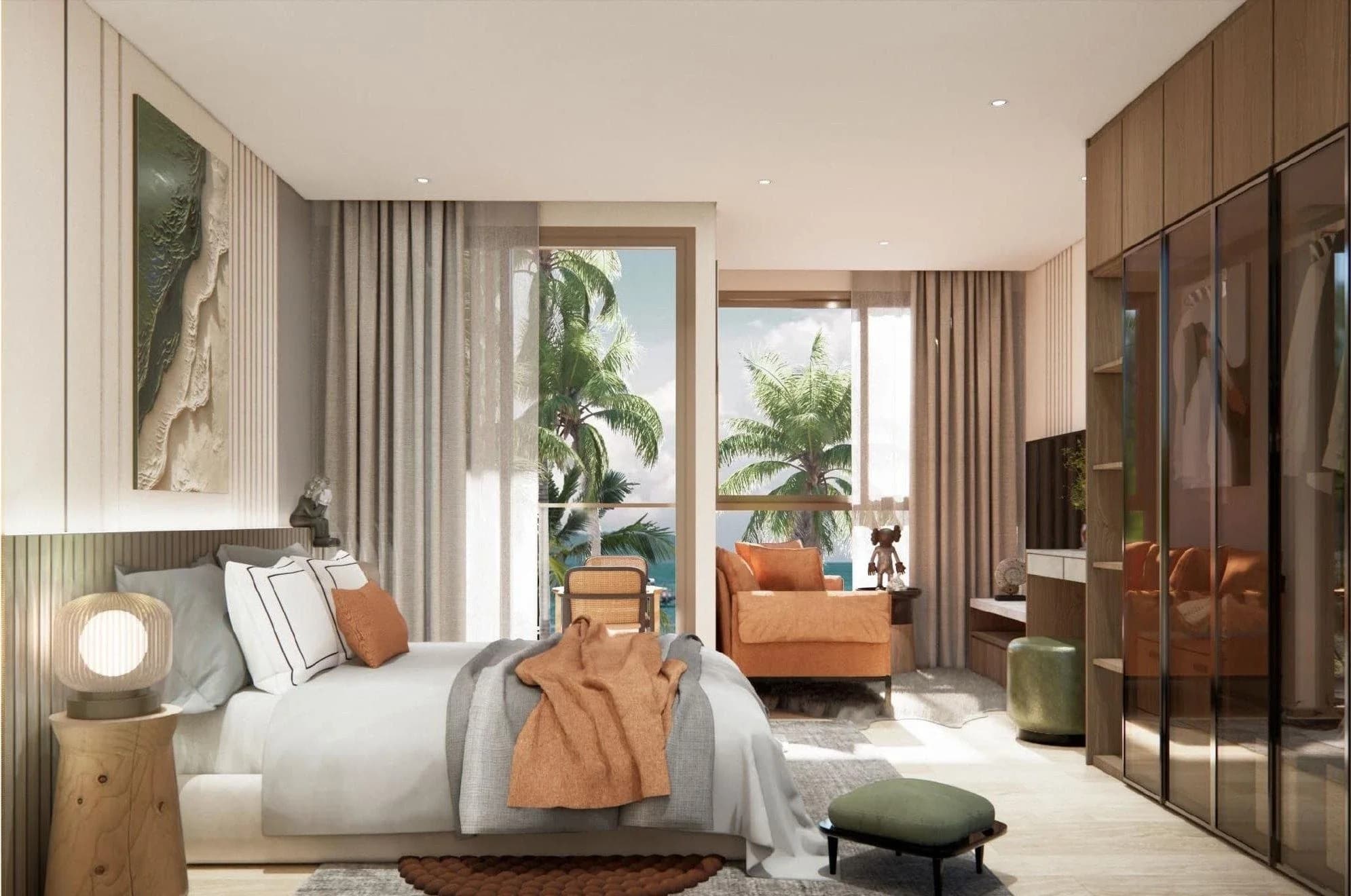 Studio type A1 — bedroom with palm view